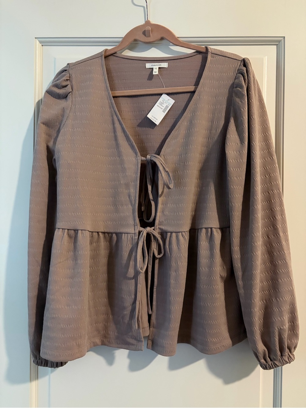 Maurice Taupe Tie-Front Peplum Top